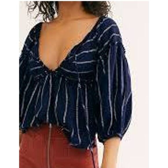 Free People Evey Peasant Top Tie Neck Navy White Striped Balloon Sleeves Small - Picture 1 of 9